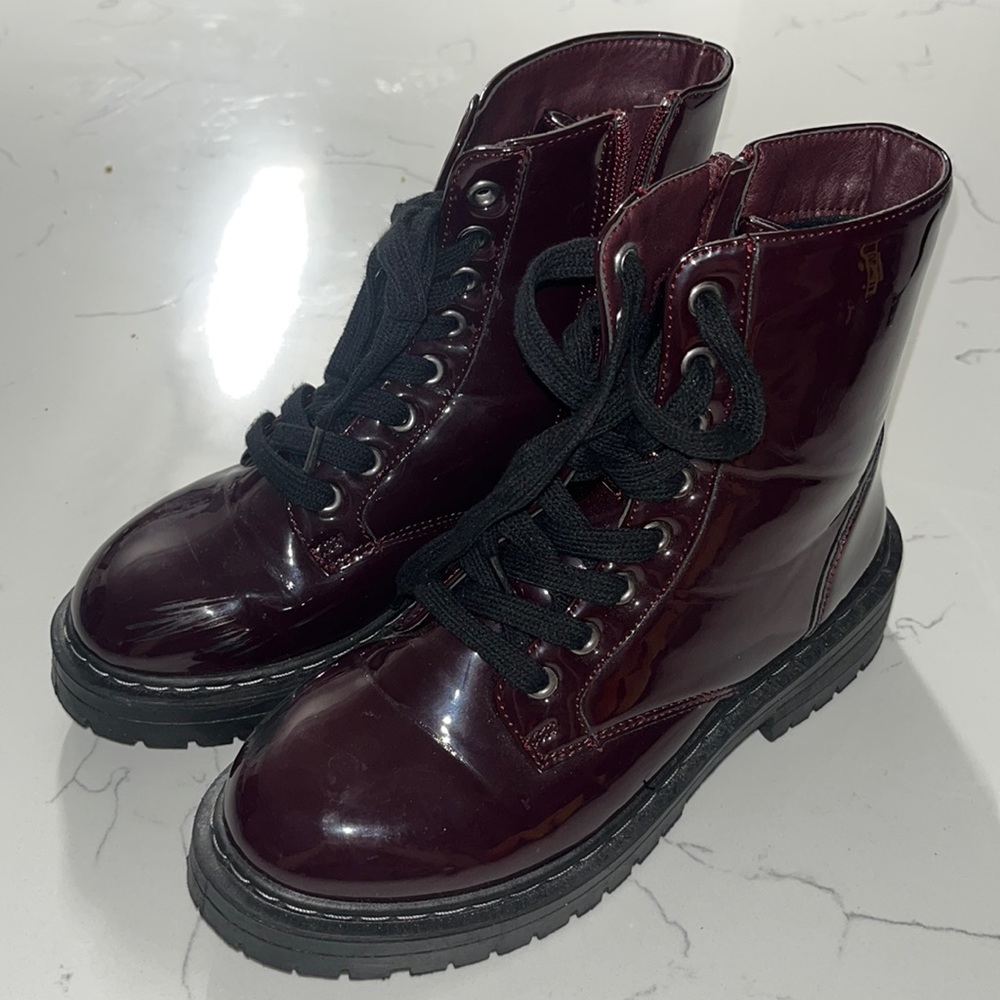 Womens Wine Patent  Combat Ankle Boots Lace Up Zip Chunky heel Casual Boots
